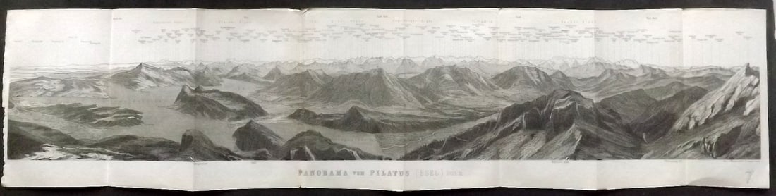 Baedeker, Karl 1901 Panoramic View of the Swiss Alps. Pilatus: Lithograph Published 1901, Leipzig for "Switzerland and the adjacent portions of Italy, Savoy and Tyrol. Handbook for Travellers" by Karl Baedeker. Folds as issued. Paper Size: 27 x 6 inch (64 x 16cm)