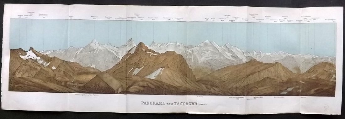 Baedeker, Karl 1901 Panoramic View of the Swiss Alps. Faulhorn: Lithograph Published 1901, Leipzig for "Switzerland and the adjacent portions of Italy, Savoy and Tyrol. Handbook for Travellers" by Karl Baedeker. Folds as issued. Paper Size: 19.5 x 6 inch (50 x 16c