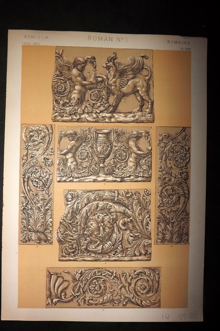 Jones, Owen 1910 Folio Architectural Design Print. Roman No. 1: Chromolithograph Published 1910 by Bernard Quaritch, London for "The Grammar of Ornament" by Owen Jones. Paper Size: 13 x 9 inch (33 x 23cm) Good Condition