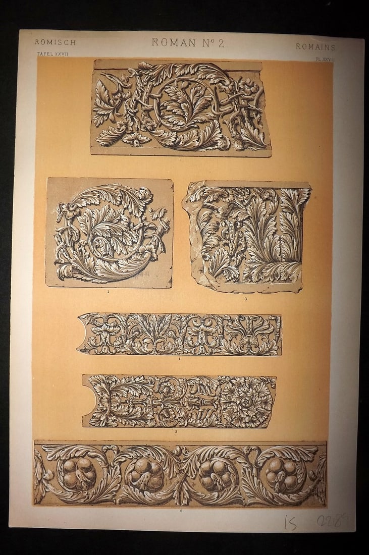 Jones, Owen 1910 Folio Architectural Design Print. Roman No. 2: Chromolithograph Published 1910 by Bernard Quaritch, London for "The Grammar of Ornament" by Owen Jones. Paper Size: 13 x 9 inch (33 x 23cm) Good Condition