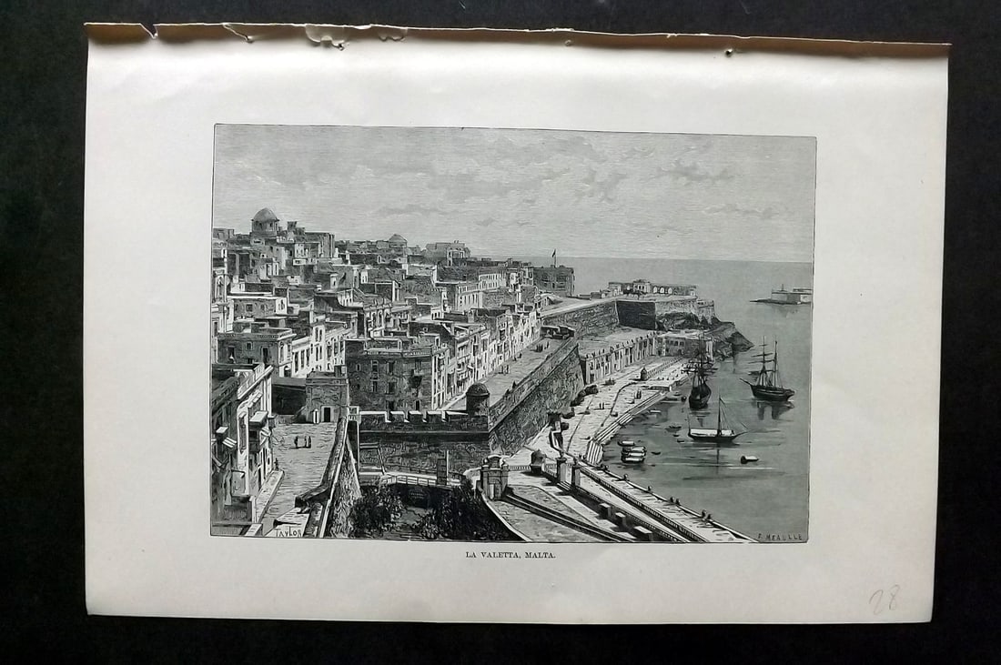 Reclus, Elisee C1880 Antique Print. La Valetta, Malta: Wood Engraving Published 1876-94, London for "The Universal Geography" by Elisee Reclus. Edited by A. H. Keane. Reverse side blank. Paper Size: 10 x 7 inch (26 x 17.5cm) Good Condition