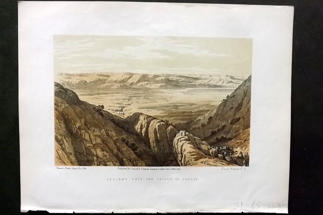 Roberts, David C1880 Antique Print. Descent upon the Valley of Jordan: Lithograph Published C1880, by Cassell & Co., London for "The Life of Christ" by F. W. Farrar. Illustrated by David Roberts. Paper Size: 12.5 x 9.5 inch (32 x 24cm) Very minor water stain to edge of t