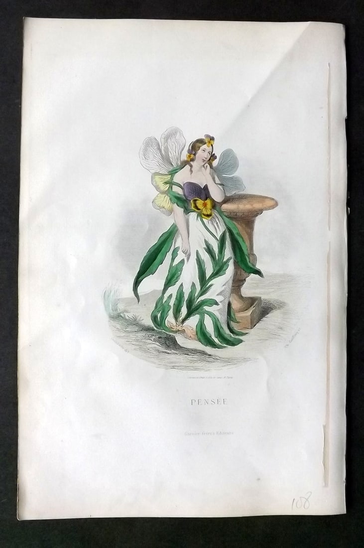 Grandville, J. J (Pseud) 1867 Hand Col Botanical Print. Pensee: Hand Coloured Steel Engraving Published 1867, Paris for "Les Fleurs Animees" Jean Ignace Isidore G?rard (J. J. Grandville Pseud) Paper Size: 10.5 x 7 inch (27 x 18cm) Good Condition