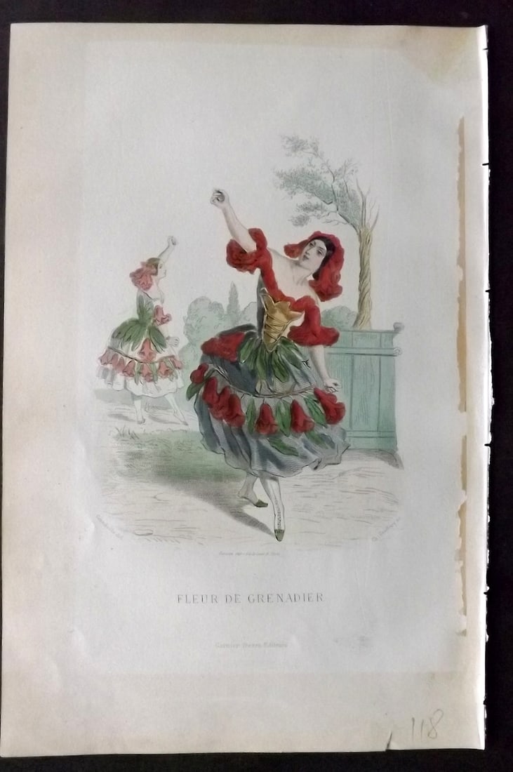 Grandville, J. J (Pseud) 1867 Hand Col Botanical Print. Fleur de Grenadier: Hand Coloured Steel Engraving Published 1867, Paris for "Les Fleurs Animees" Jean Ignace Isidore G?rard (J. J. Grandville Pseud) Paper Size: 10.5 x 7 inch (27 x 18cm) Very minor margin toning. Tissue 