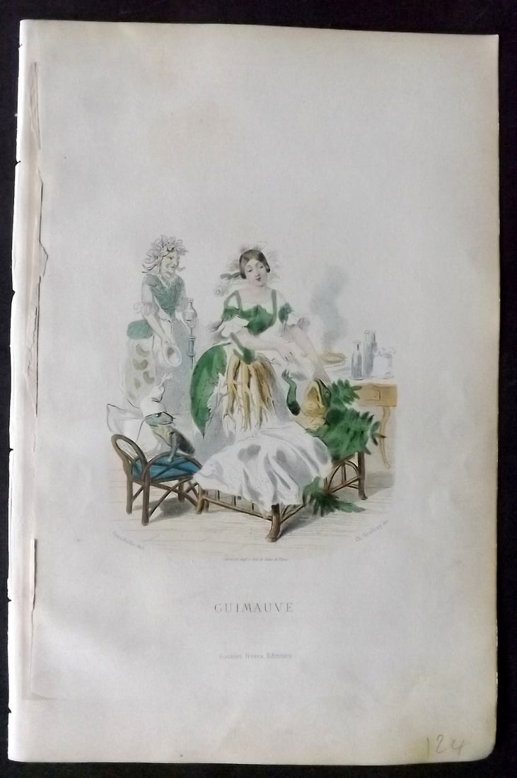 Grandville, J. J (Pseud) 1867 Hand Col Botanical Print. Guimauve: Hand Coloured Steel Engraving Published 1867, Paris for "Les Fleurs Animees" Jean Ignace Isidore G?rard (J. J. Grandville Pseud) Paper Size: 10.5 x 7 inch (27 x 18cm) Good Condition