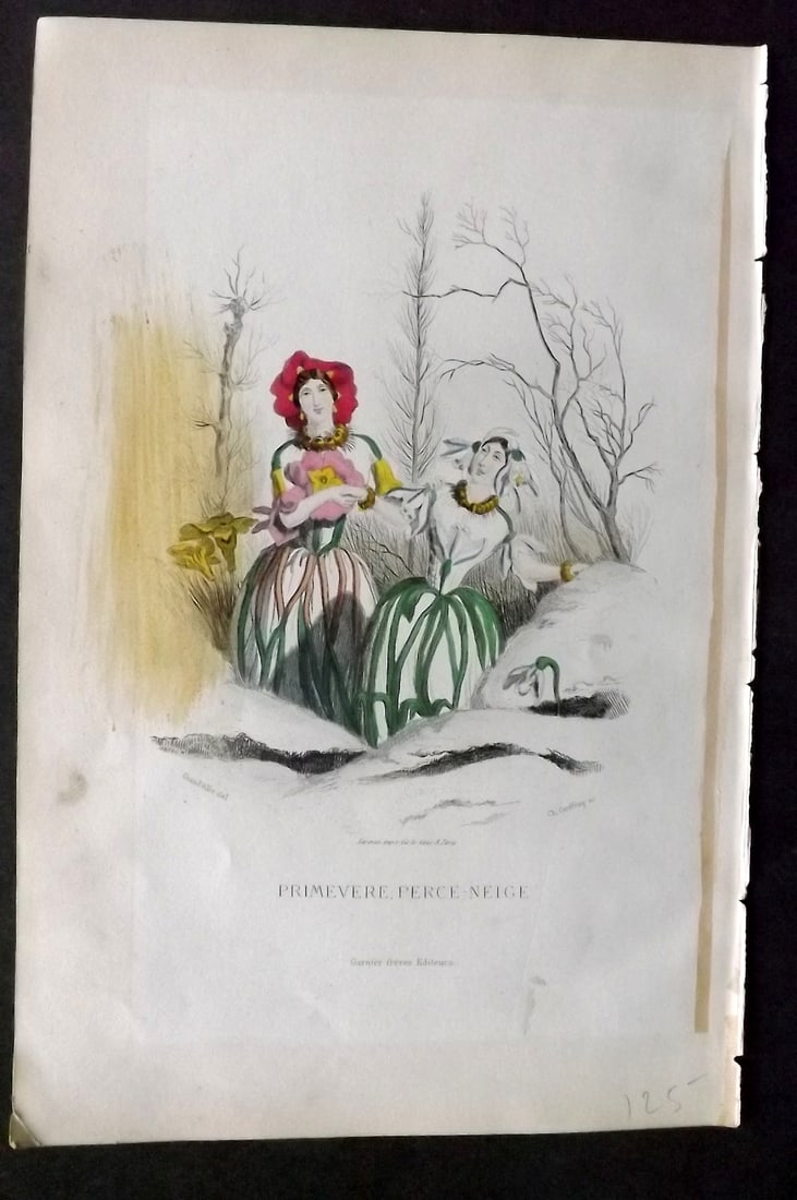 Grandville, J. J (Pseud) 1867 Hand Col Botanical Print. Primevere, Perce-Neige: Hand Coloured Steel Engraving Published 1867, Paris for "Les Fleurs Animees" Jean Ignace Isidore G?rard (J. J. Grandville Pseud) Paper Size: 10.5 x 7 inch (27 x 18cm) Good Condition