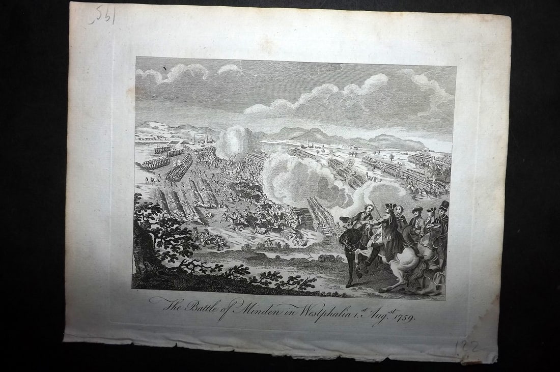 Macgowan, J. (Pub) 1781 Military Print. Battle of Minden in Weestphalia 1759. Germany: Copper Plate Published 1781 by J. Macgowan, London for "The Field of Mars" Rare. Paper Size: 10 x 8 inch (26 x 20cm) Good Condition