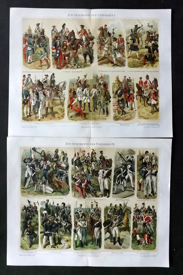 Meyer, Joseph 1898 Pair of Military Prints. Germany and Austria-Hungry: Chromolithograph Published 1893-98, Leipzig and Vienna for "Meyers Konversations-Lexikon" by Joseph Meyer et al. Centre fold as issued. Paper Size: 12 x 9.5 inch (30 x 24cm) Good Condition