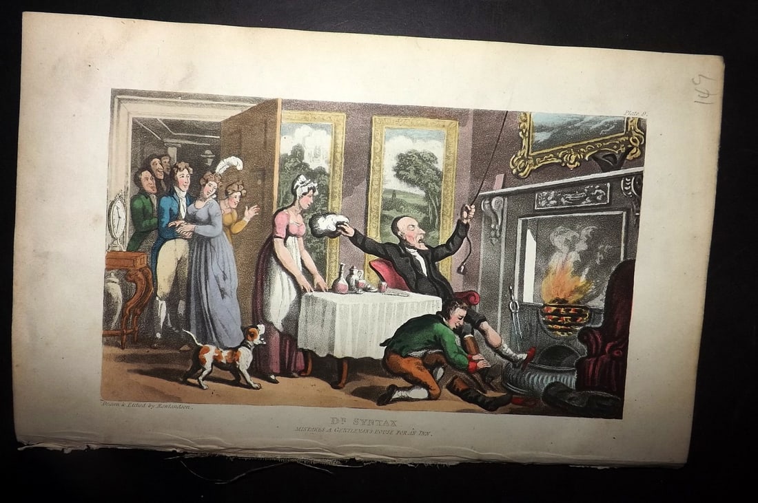 Rowlandson, Thomas 1855 HCol Doctor Syntax Satire Print. Mistake a Gentleman's House for an Inn: Hand Colored Aquatint Published 1855, London for "The First Tour of Doctor Syntax?" by William Combe. Illustrated by Thomas Rowlandson. Paper Size: 10 x 6 inch (25 x 16cm) Good Condition