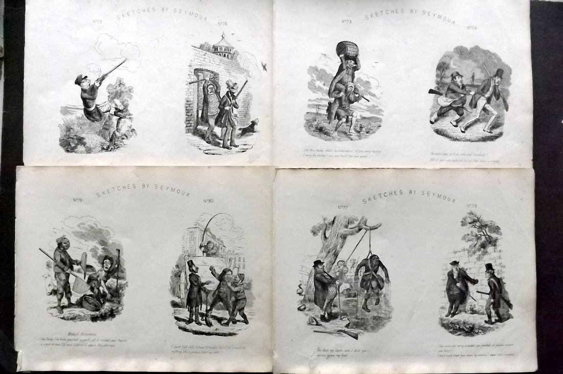Seymour, Robert C1870 Lot of 4 Folio Satire Sporting Prints: Folio Lithograph Published C1870, London for "Seymour's Sketches. The Book of Cockney Sports, Whims and Oddities" Illustrated by Robert Seymour.Paper Size: 12.5 x 9.5 inch (32 x 24cm) Minor margin ton