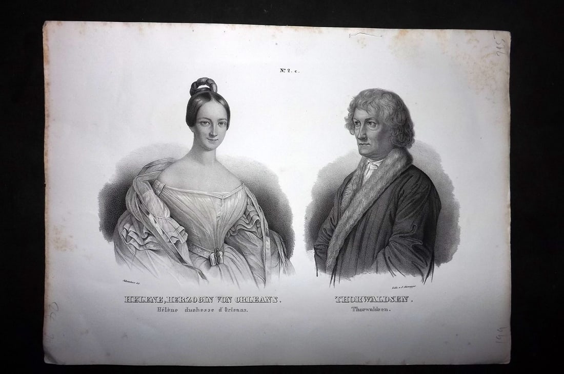 Schinz & Brodtmann C1840 Folio Print. Portrait of Duchess of Orleans & Bertel Thorvaldsen: Folio Lithograph Published 1834-45, Zurich for "Naturgeschichte und Abbildungen der Menschen..." by Heinrich Rudolph Schinz. Lithographed by Karl Joseph Brodtmann. Paper Size: 14.5 x 10.5 inch (37 x 2