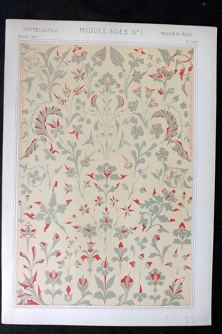 Jones, Owen 1910 Folio Architectural Design Print. Middle Ages No. 1: Chromolithograph Published 1910 by Bernard Quaritch, London for "The Grammar of Ornament" by Owen Jones. Paper Size: 13 x 9 inch (33 x 23cm) Good Condition