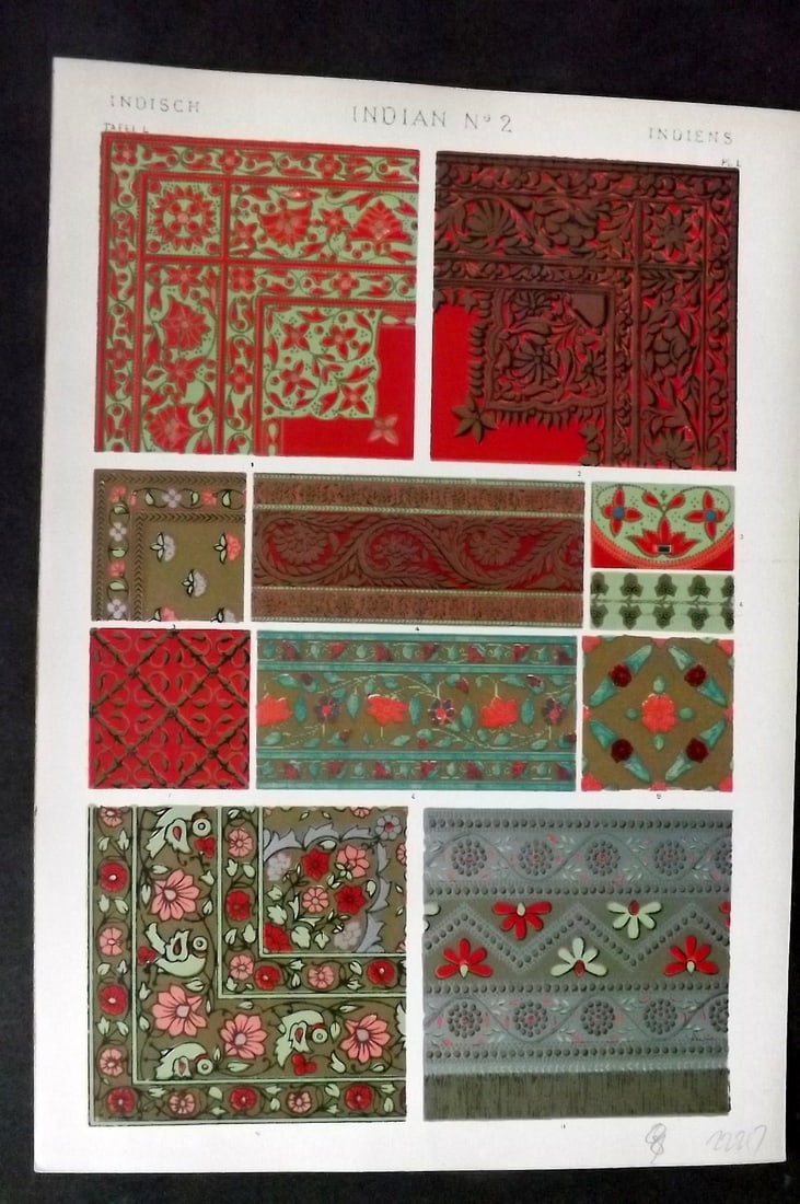 Jones, Owen 1910 Folio Architectural Design Print. Indian No. 2: Chromolithograph Published 1910 by Bernard Quaritch, London for "The Grammar of Ornament" by Owen Jones. Paper Size: 13 x 9 inch (33 x 23cm) Good Condition