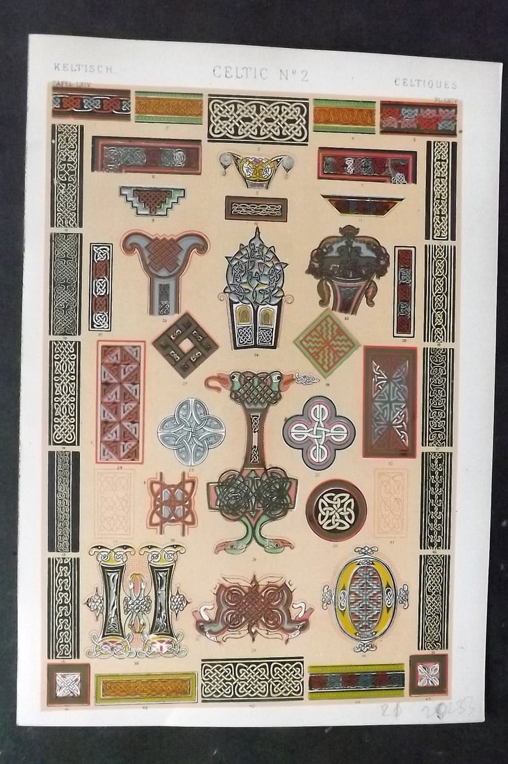 Jones, Owen 1910 Folio Architectural Design Print. Celtic No. 2: Chromolithograph Published 1910 by Bernard Quaritch, London for "The Grammar of Ornament" by Owen Jones. Paper Size: 13 x 9 inch (33 x 23cm) Good Condition