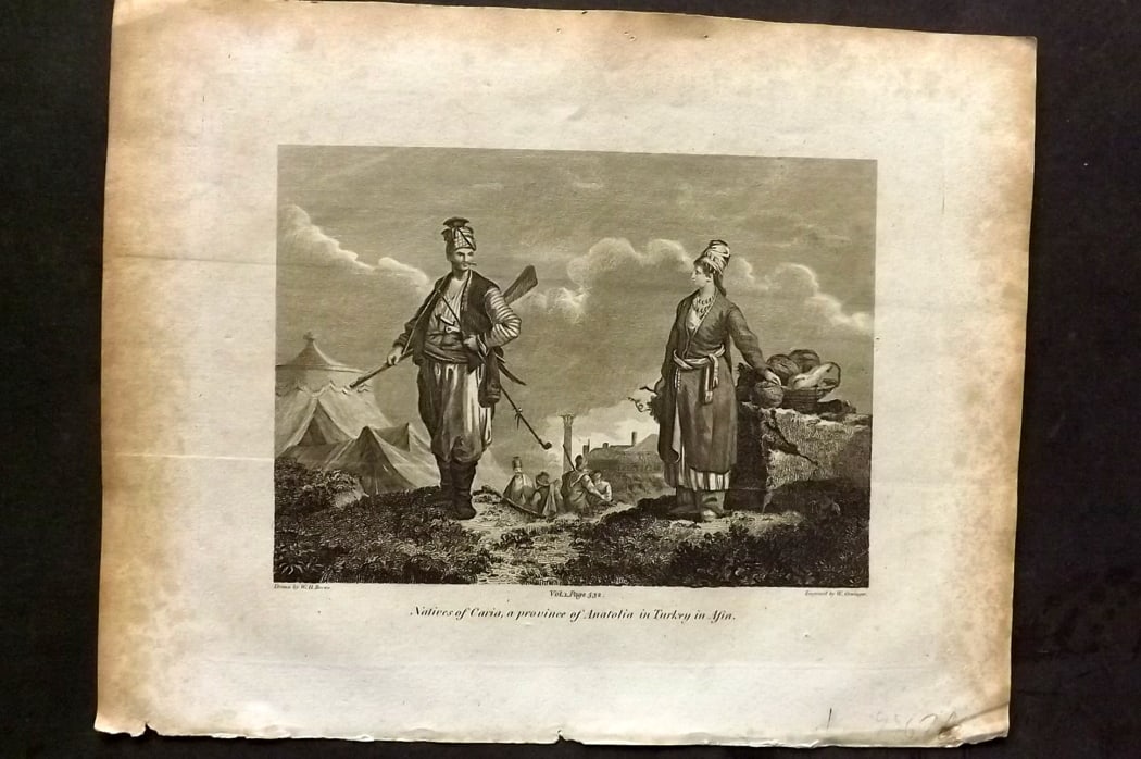 Cooke, George 1801 Antique Print. Natives of Caria a province of Anatolia. Turkey: Antique Copper Plate Published 1801-07 by Macdonald & Son, London for "Modern and Authentic System of Universal Geography" By George A. Cooke. Paper Size: 10 x 8 inch (26 x 21cm) Minor margin toning p