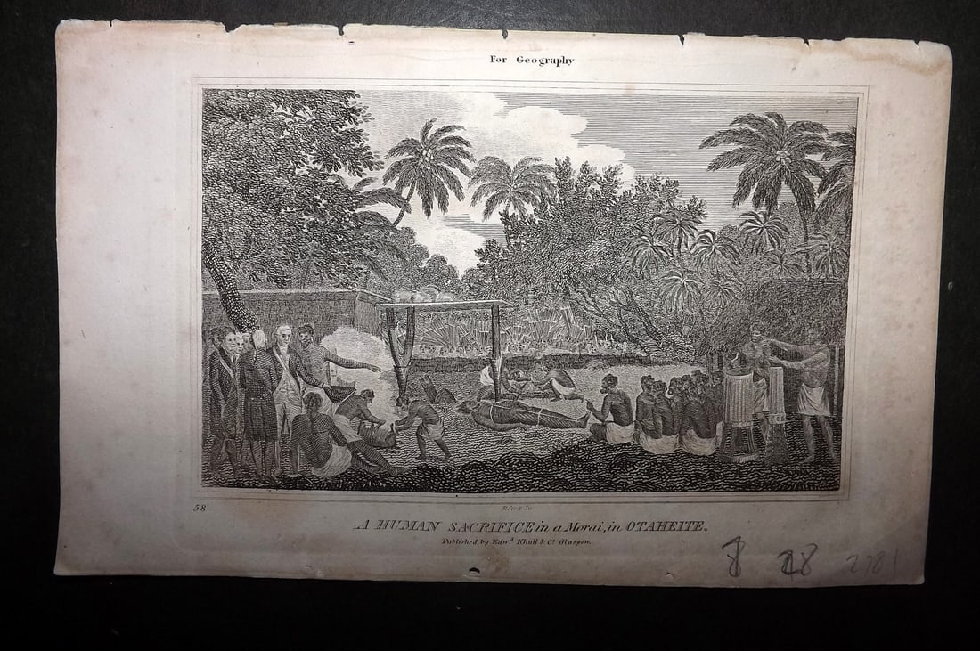 Glasgow Geography 1825 Print. Human Sacrifice, Tahiti Pacific: Copper Plate Published 1825, Glasgow for "The Glasgow Geography?" by Several Literary Gentleman. Paper Size: 8.5 x 5 inch (22 x 13cm) Minor margin toning, otherwise fine