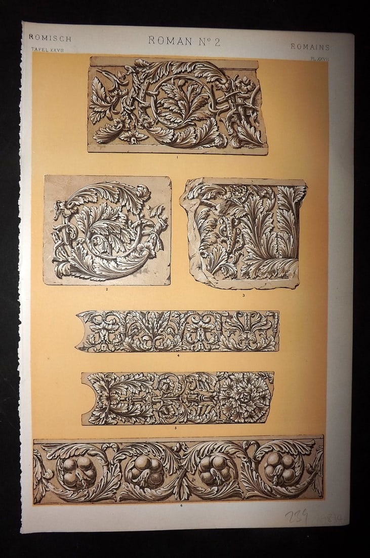 Jones, Owen 1910 Design Print. Roman No. 2: Chromolithograph Published 1910 by Bernard Quaritch, London for "The Grammar of Ornament" by Owen Jones. Paper Size: 13 x 9 inch (33 x 23cm) Good Condition