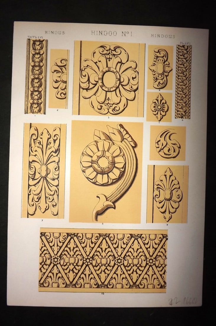 Jones, Owen 1910 Folio Architectural Design Print. Hindoo No 1 India: Chromolithograph Published 1910 by Bernard Quaritch, London for "The Grammar of Ornament" by Owen Jones. Paper Size: 13 x 9 inch (33 x 23cm) Good Condition