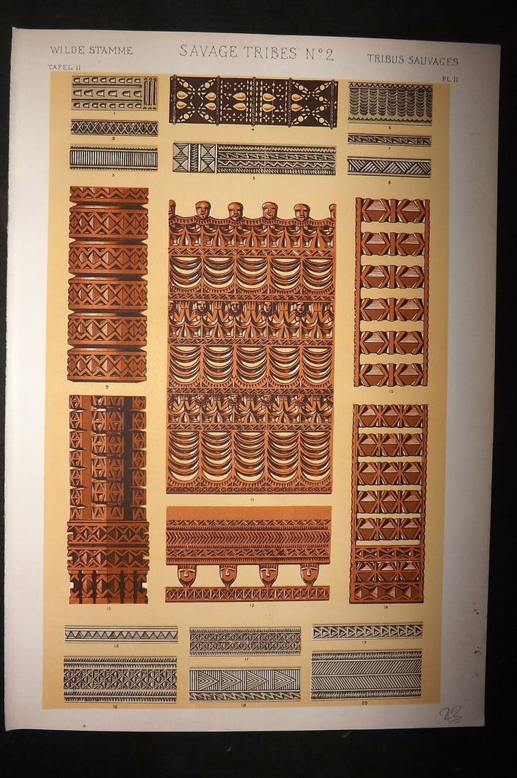 Jones, Owen 1910 Folio Architectural Design Print. Savage Tribes No. 2: Chromolithograph Published 1910 by Bernard Quaritch, London for "The Grammar of Ornament" by Owen Jones. Paper Size: 13 x 9 inch (33 x 23cm) Good Condition