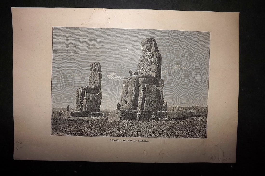 Reclus, Elisee C1880 Print. Colossal Statues of Memnon, Egypt: Wood Engraving (Reverse side blank) Published 1876-94, London for "The Universal Geography" by Elisee Reclus. Edited by A. H. Keane. Paper Size: 10 x 7 inch (26 x 17.5cm) Good Condition