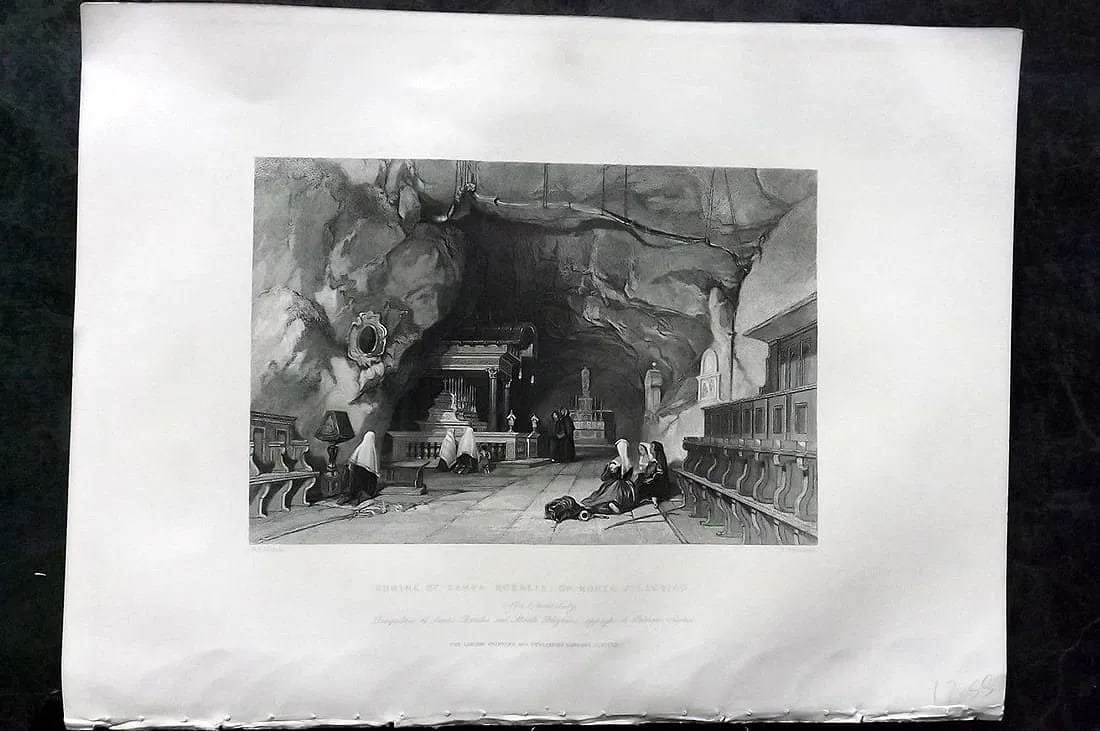 Sherer, John 1881 Folio Print. Shrine of Santa Rosalia, Monte Pellegrino. Sicily Italy: Antique Folio Steel Engraving Published 1879-81, London for "The Classic Lands of Europe Embracing Italy, Sicily and Greece" by John Sherer. Paper Size: 12 x 9.5 inch (31x 24cm) Good Condition