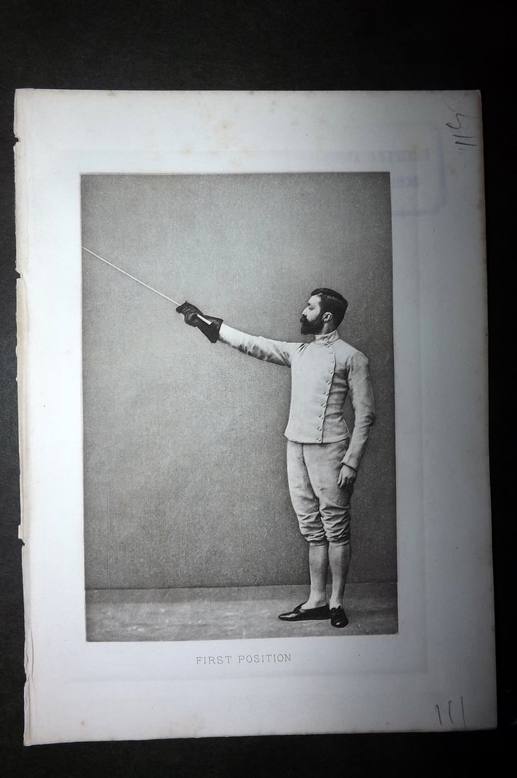 Badminton Library 1889 Antique Sword Fencing Print. First Position.: Antique Photogravure Published 1889, London for "The Badminton Library of Sports and Pastimes..." by Walter H. Pollock, E. B. Michell, and Walter Armstrong.Paper Size: 7.5 x 5 inch (19 x 13cm) Ink lib