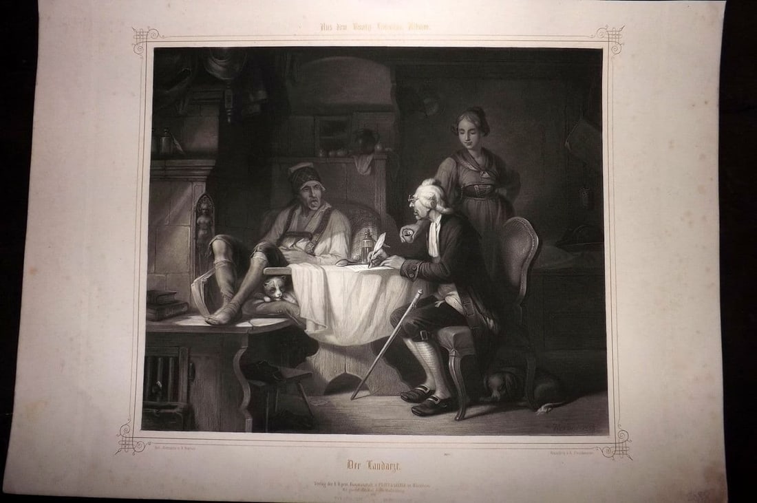 King Ludwig Album 1850's LG Folio Print. Der Landarzt. The Doctor. Genre: Antique Large Folio Lithograph Published 1850-59, Munich for "Album Seiner Majestat Konigs Ludwig I von Bayern, von Deutschen Kunstlern gewidmet am Tage der feyerlichen Enthullung" [King Ludwig's Albu