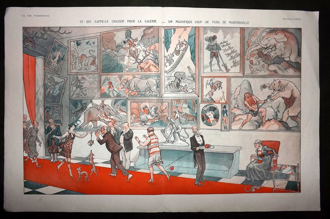 La Vie Parisienne 1926 Art Deco Double Print. Ce qui s'Appelle Chasser Pour la Galerie by Vald'Es: Lithographs Published 1928, Paris for "La Vie Parisienne" Illustrated by Lissac, Barbier, Vallet, Valee, Prejelan, Herouard, Fournier, Kuhn-Regnier, Georges L?onnec and others. Verso text, but none sh