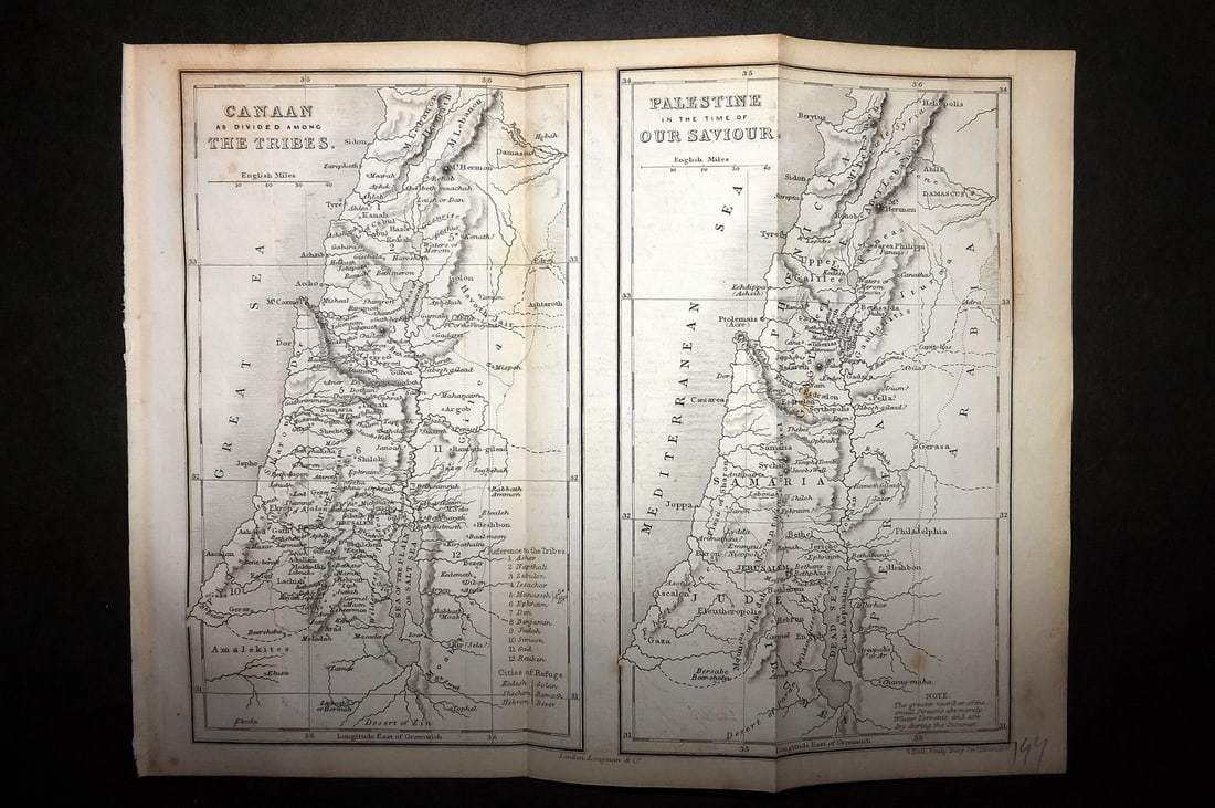 Hall, Sidney C1850 Antique Map. Canaan as divided between the Tribes. Palestine. Holy Land: Steel Engraving Published C1850, London for "A Grammar of General Geography" by the Rev. Goldsmith. Engraved Sidney Hall. Folds as issued. Paper Size: 8 x 6 inch (21 x 16cm) Good Condition