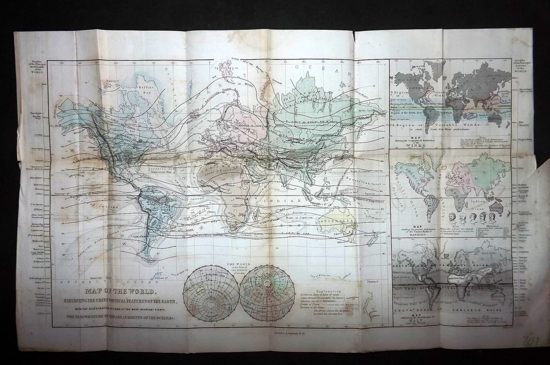 Hall, Sidney C1850 Hand Col Map. Physical Map of the World (1 of 2)