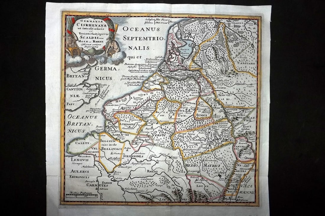 Cluver, Philipp 1729 Hand Col Map. Netherlands Belgium Germany France in Roman Times (1 of 1)
