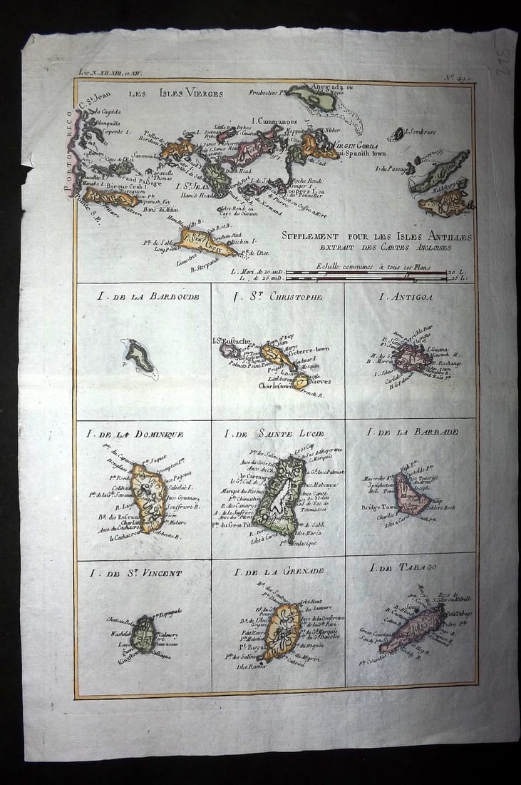 Bonne, Rigobert 1783 Hand Col Map. West Indies Caribbean (1 of 1)