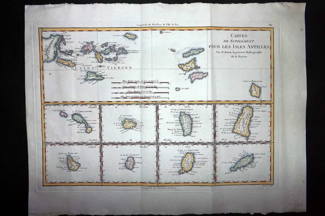 Bonne, Rigobert 1788 Hand Col Map. West Indies Caribbean: "Cartes de Supplement pour les Isles Antilles" Hand Colored Copper Engraved Map Published 1788, Paris for "Atlas de Toutes les Parties Connues du Globe Terrestre" by Rigobert Bonne. Folds as published