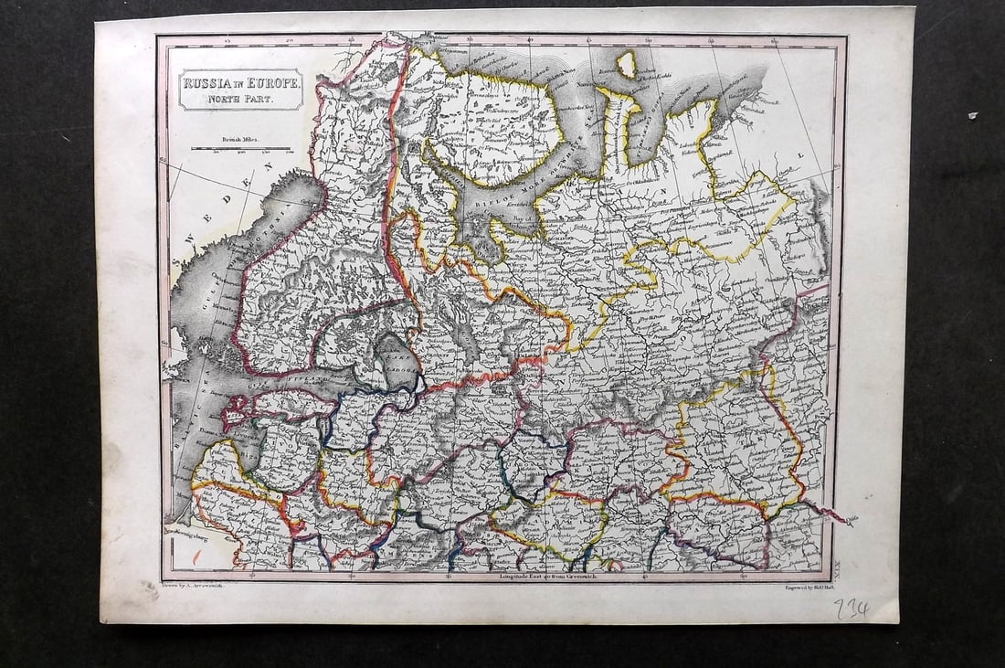 Arrowsmith, Aaron C1830 Antique Map. Russia in Europe. North Part: Copper Engraved Map with Outline Hand Color Published C1830 by J. F. Chidley, London for "A New General Atlas" by Aaron Arrowsmith. Engraved Sidney Hall. Paper Size: 11.5 x 9.5 inch (29 x 24cm) Good C