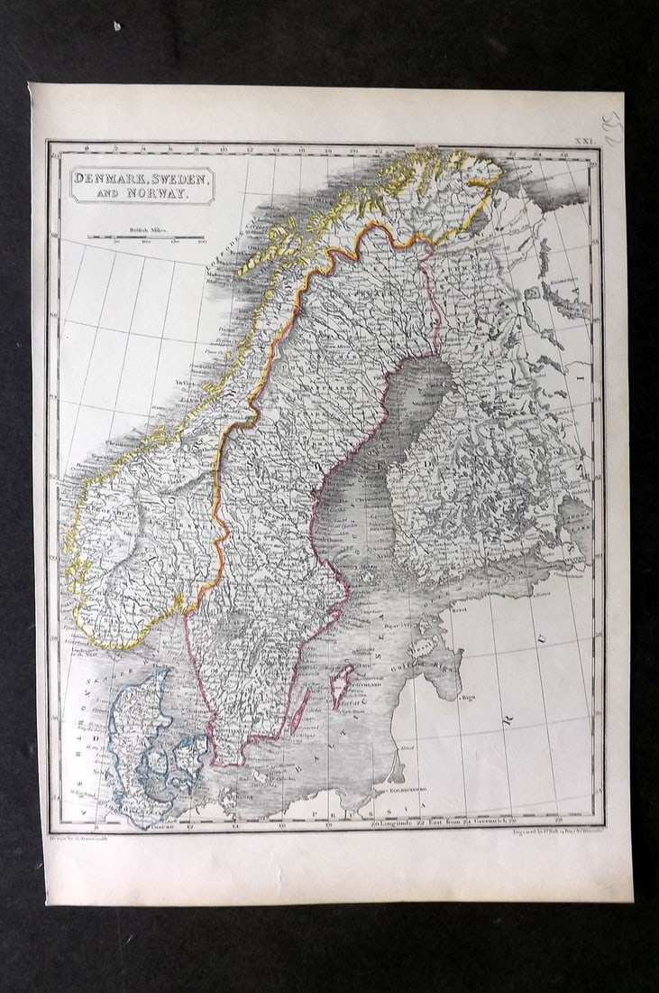 Arrowsmith, Aaron C1830 Antique Map. Denmark, Sweden and Norway: Copper Engraved Map with Outline Hand Color Published C1830 by J. F. Chidley, London for "A New General Atlas" by Aaron Arrowsmith. Engraved Sidney Hall. Paper Size: 11.5 x 9.5 inch (29 x 24cm) Good C