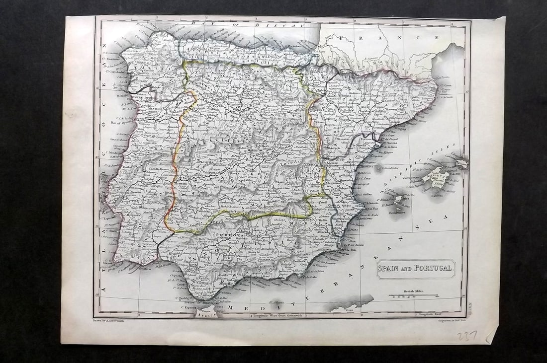 Arrowsmith, Aaron C1830 Antique Map. Spain and Portugal: Copper Engraved Map with Outline Hand Color Published C1830 by J. F. Chidley, London for "A New General Atlas" by Aaron Arrowsmith. Engraved Sidney Hall. Paper Size: 11.5 x 9.5 inch (29 x 24cm) Good C