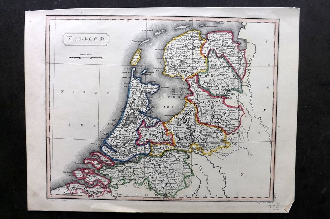 Arrowsmith, Aaron C1830 Antique Map. Holland: Copper Engraved Map with Outline Hand Color Published C1830 by J. F. Chidley, London for "A New General Atlas" by Aaron Arrowsmith. Engraved Sidney Hall. Paper Size: 11.5 x 9.5 inch (29 x 24cm) Good C