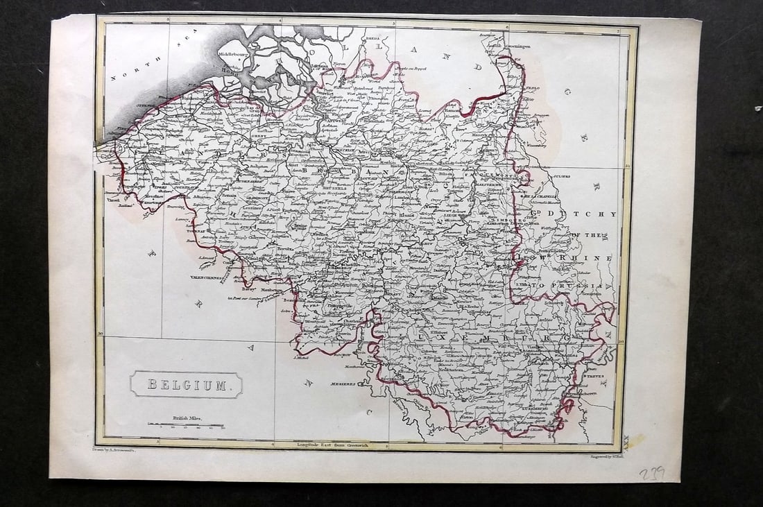 Arrowsmith, Aaron C1830 Antique Map. Belgium: Copper Engraved Map with Outline Hand Color Published C1830 by J. F. Chidley, London for "A New General Atlas" by Aaron Arrowsmith. Engraved Sidney Hall. Paper Size: 11.5 x 9.5 inch (29 x 24cm) Good C