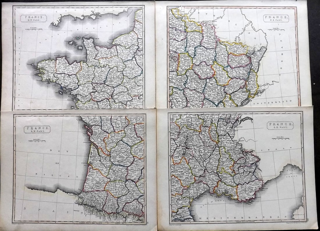 Arrowsmith, Aaron C1830 Set of 4 Antique Maps. France: Copper Engraved Map with Outline Hand Color Published C1830 by J. F. Chidley, London for "A New General Atlas" by Aaron Arrowsmith. Engraved Sidney Hall. Paper Size: 11.5 x 9.5 inch (29 x 24cm) Good C