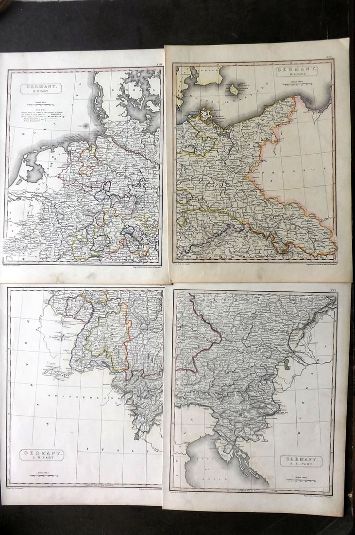 Arrowsmith, Aaron C1830 Set of 4 Antique Maps. Germany: Copper Engraved Map with Outline Hand Color Published C1830 by J. F. Chidley, London for "A New General Atlas" by Aaron Arrowsmith. Engraved Sidney Hall. Paper Size: 11.5 x 9.5 inch (29 x 24cm) Good C