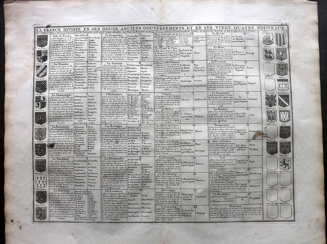 Chatelain, Zacharie C1710 Antique Print. Chart of the Ancient Governments of France: "La France Divisee en ses douze Anciens Gouvernments et en sses Vingt Quatre Nouveaux" Copper Plate Published 1705-20, Amsterdam for "Atlas Historique, Ou Nouvelle Introduction A L'Histoire" by Zachar