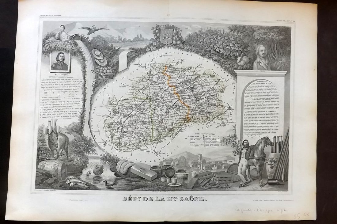 Levasseur, Victor C1850 LG Decorative French Map. Saone: Outline Hand Coloured Steel Engraved Map Published C1850, Paris for "Atlas National Illustre" by Victor Levasseur. Light centre fold as issued. Paper Size: 20 x 14 inch (50 x 36cm) Good Condition