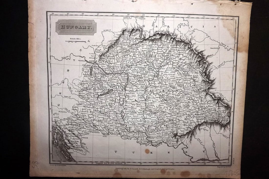 Arrowsmith, Aaron 1817 Antique Map. Hungary: Copper Engraved Map Published 1817, Edinburgh for "A New General Atlas" First Edition by Aaron Arrowsmith. Engraved Sidney Hall. Paper Size: 11.5 x 9.5 inch (29 x 24cm) Some margin water staining,