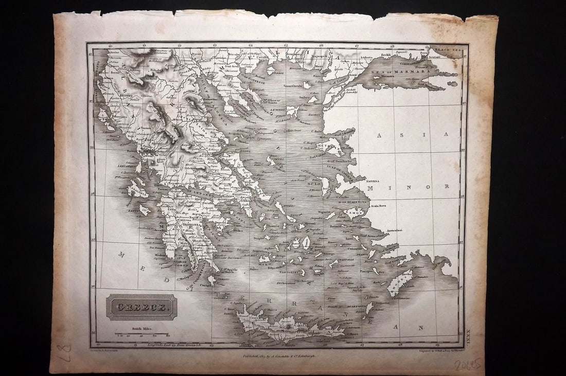 Arrowsmith, Aaron 1817 Antique Map. Greece: Copper Engraved Map Published 1817, Edinburgh for "A New General Atlas" First Edition by Aaron Arrowsmith. Engraved Sidney Hall. Paper Size: 11.5 x 9.5 inch (29 x 24cm) Some margin water staining, oth