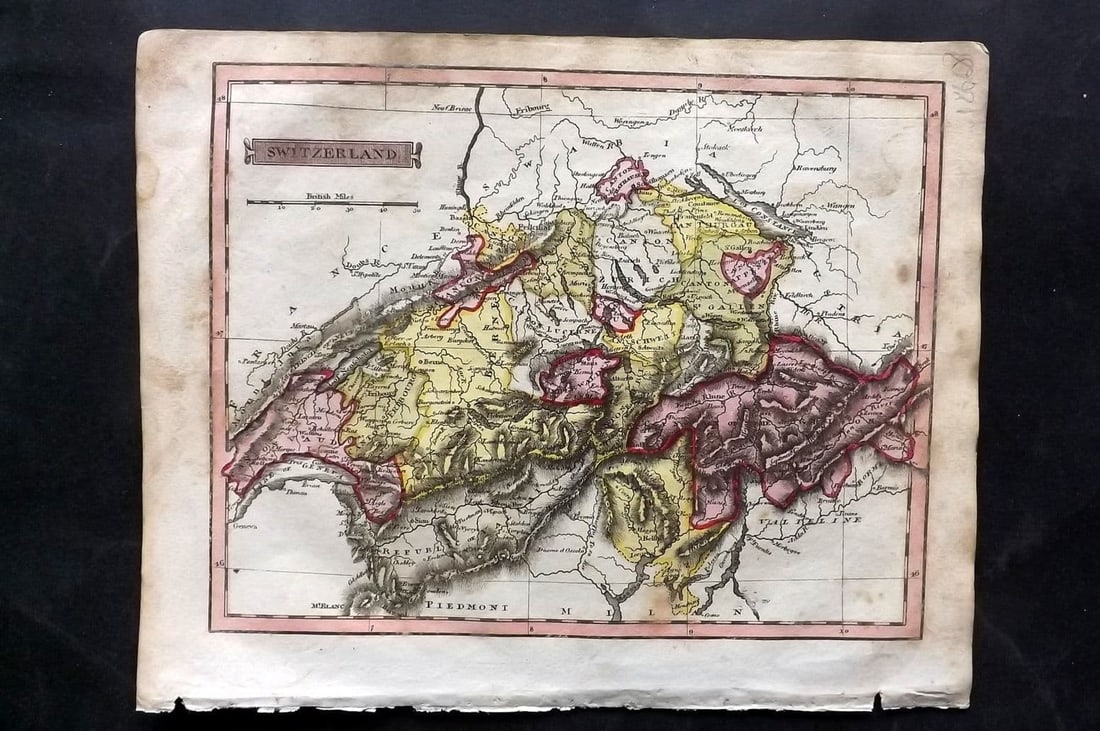 Barclay, James 1818 Hand Col Map. Switzerland: Antique Copper Engraved Map Published 1818, Halifax, UK for "Barclay's Universal English Dictionary" by James Barclay. Fine hand colour as issued. Toning present. Paper Size: 10 x 8 inch (26 x 21cm) G
