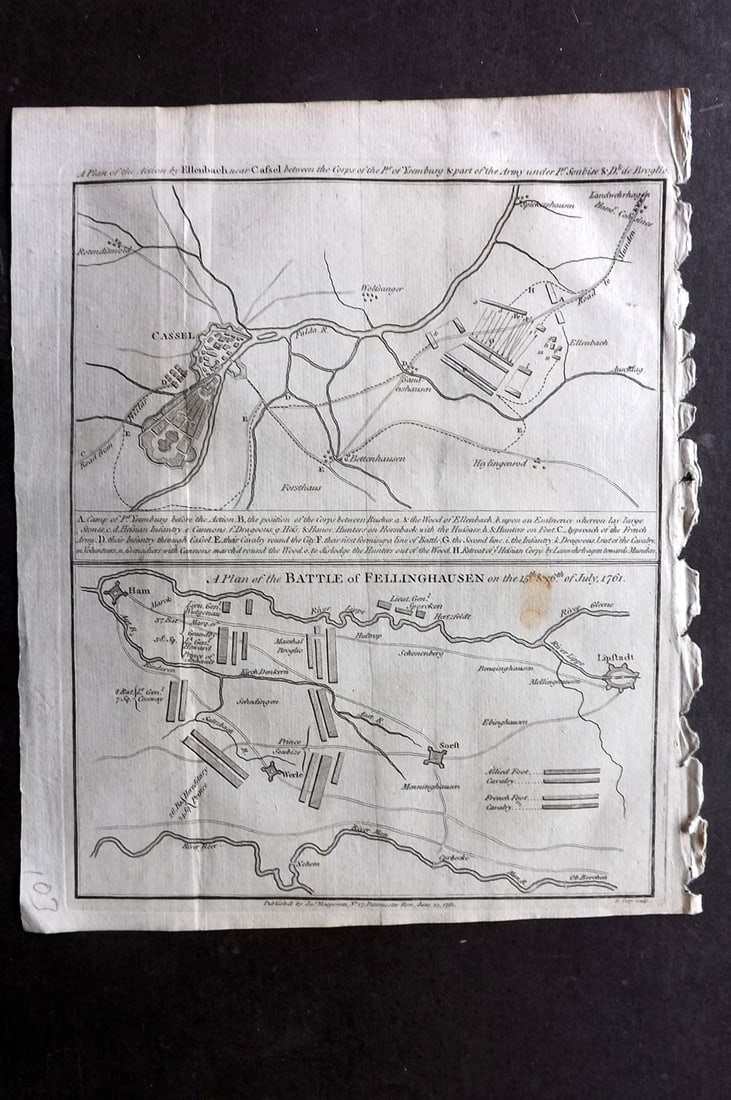 Cary, John 1781 Antique Map. Battle of Fellinghausen, Germany: Copper Engraved Map Published 1781 by J. Macgowan, London for "The Field of Mars" Rare. Engraved by John Cary. Paper Size: 10 x 8 inch (26 x 20cm) Good Condition