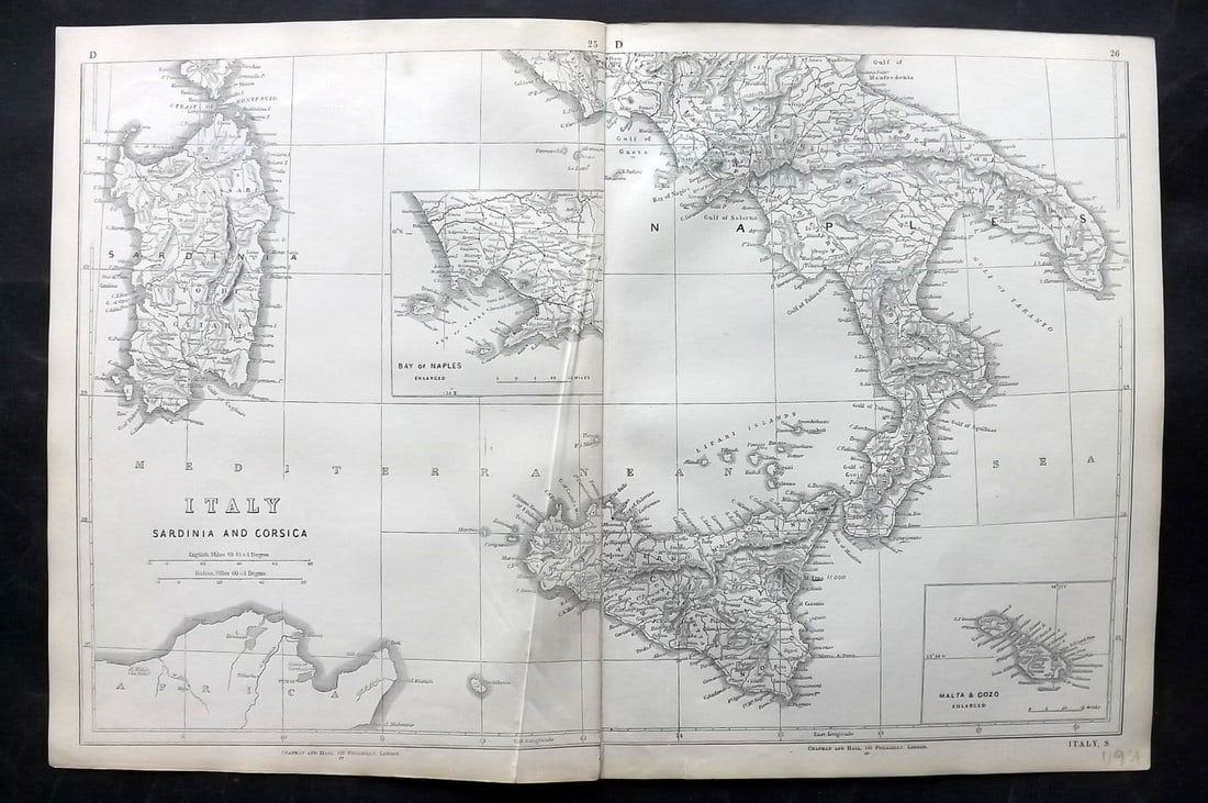 Lowry, Joseph 1852 Antique Map. Italy, Sardinia & Corsica - South. Sicily, Malta: Antique Engraved Map Published 1852 for "Lowry's Table Atlas" by Joseph William Lowry. Paper Size: 17.5 x 12 inch (45 x 30.5cm) Minor wrinkle present, otherwise fine