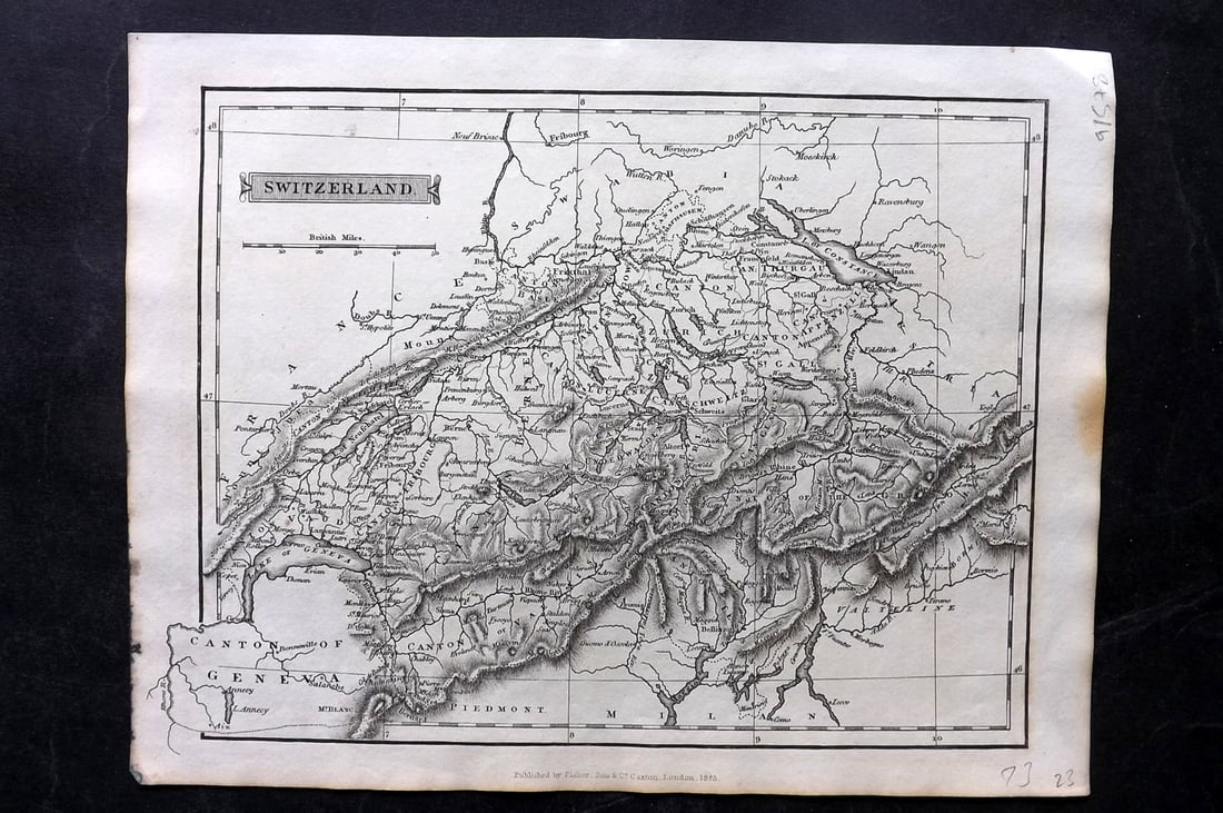 Russell & Barclay C1825 Antique Map. Switzerland: Copper Engraved Map Published C1825., by Fisher & Son, "A Complete Atlas of the World" by John Russell et al. The companion Atlas to "A Complete and Universal English Dictionary" by James Barclay. Pap