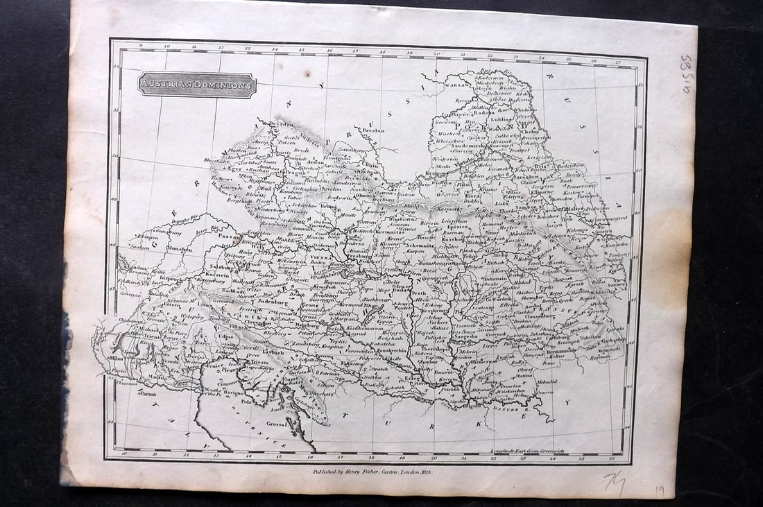 Russell & Barclay C1825 Antique Map. Austrian Dominions: Copper Engraved Map Published C1825., by Fisher & Son, "A Complete Atlas of the World" by John Russell et al. The companion Atlas to "A Complete and Universal English Dictionary" by James Barclay. Pap