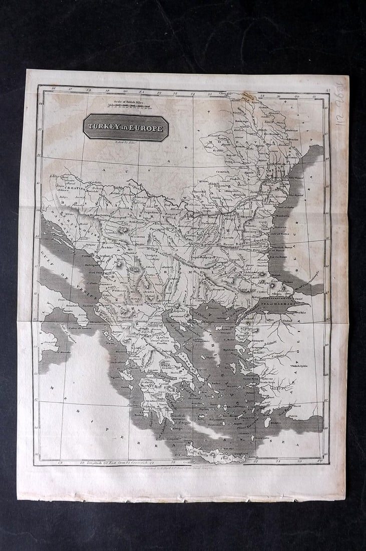 Glasgow Geography 1825 Antique Map. Turkey in Europe: Copper Engraved Map Published 1825, Glasgow for "The Glasgow Geography?" by Several Literary Gentleman. Folds as issued. .Paper Size: 11 x 8 inch (28 x 21cm) Some toning/offsetting.